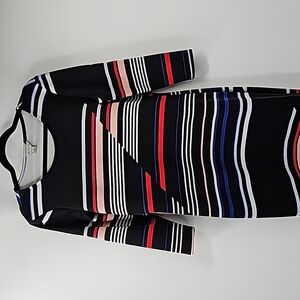 Belle & Sky Scoop Neck Black Striped 3/4 Sleeved Stretchy Bodycon Midi Dress
